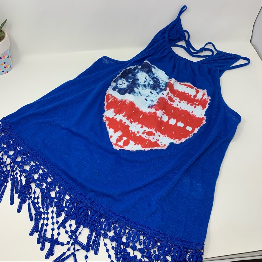 USA Heart Tank Top w Fringe Hem